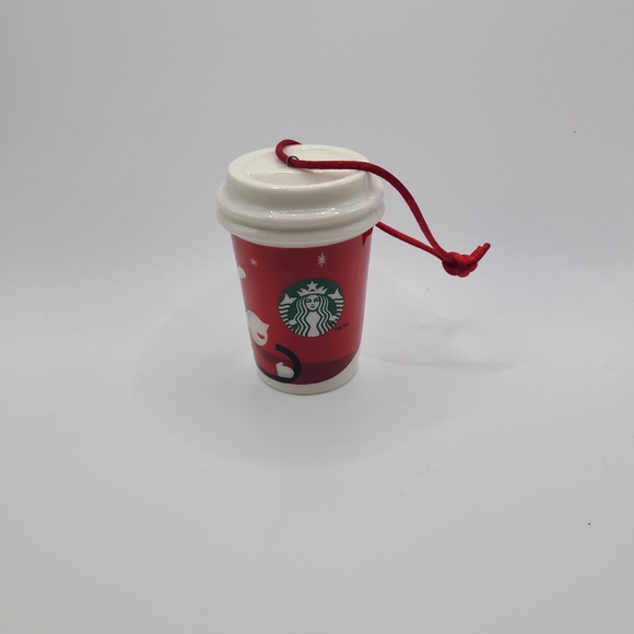 Starbucks 2.5” Ceramic Christmas Ornament Red Holiday To Go Cup Dog on Sled - Picture 1 of 4